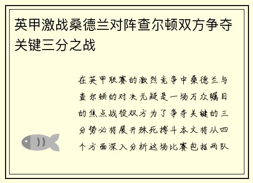 英甲激战桑德兰对阵查尔顿双方争夺关键三分之战